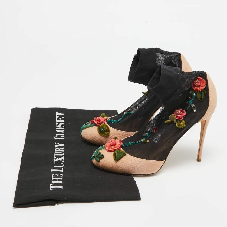 Pre Owned Dolce & Gabbana Beige/Black Brocade Fabric And Lace Sock Pumps Size 36