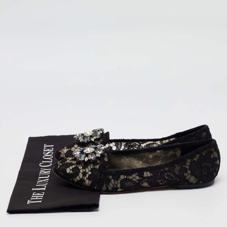 Pre Owned Dolce & Gabbana Black Lace Crystal Embellished Taormina Ballet Flats Size 40