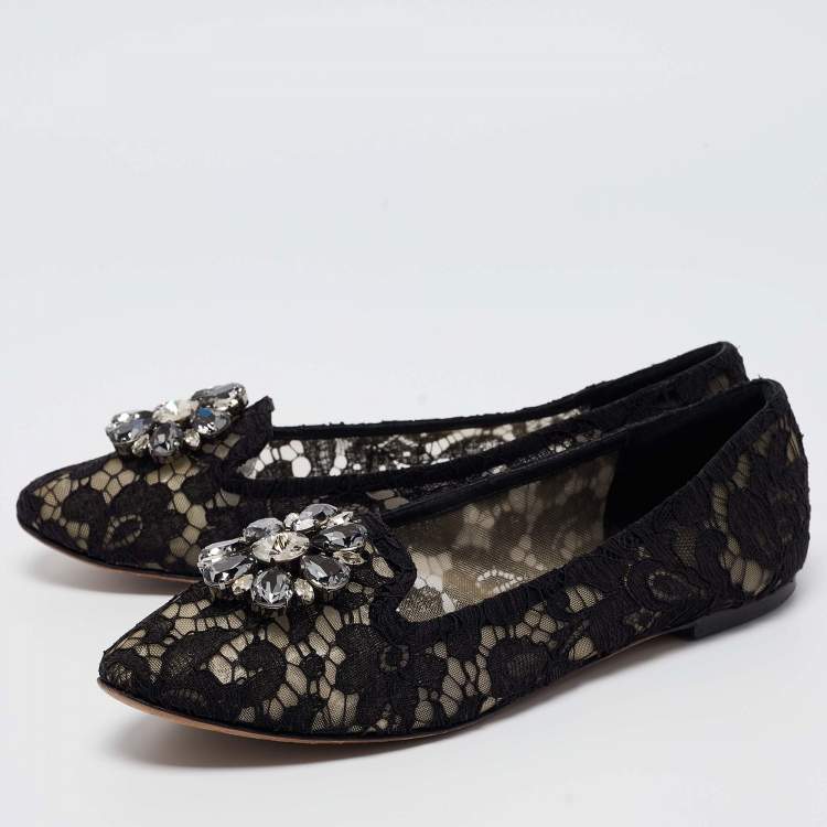Pre Owned Dolce & Gabbana Black Lace Crystal Embellished Taormina Ballet Flats Size 40