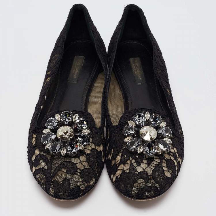 Pre Owned Dolce & Gabbana Black Lace Crystal Embellished Taormina Ballet Flats Size 40