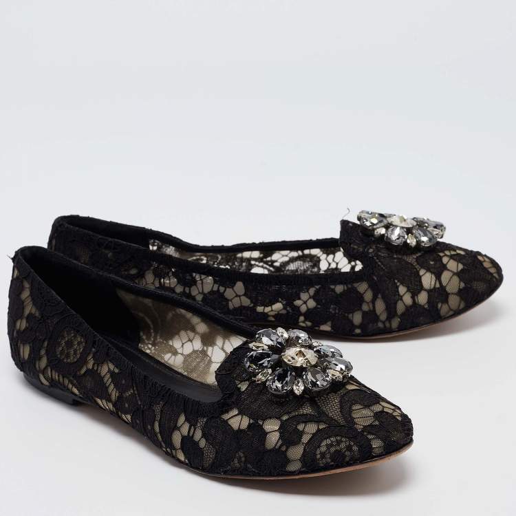 Pre Owned Dolce & Gabbana Black Lace Crystal Embellished Taormina Ballet Flats Size 40