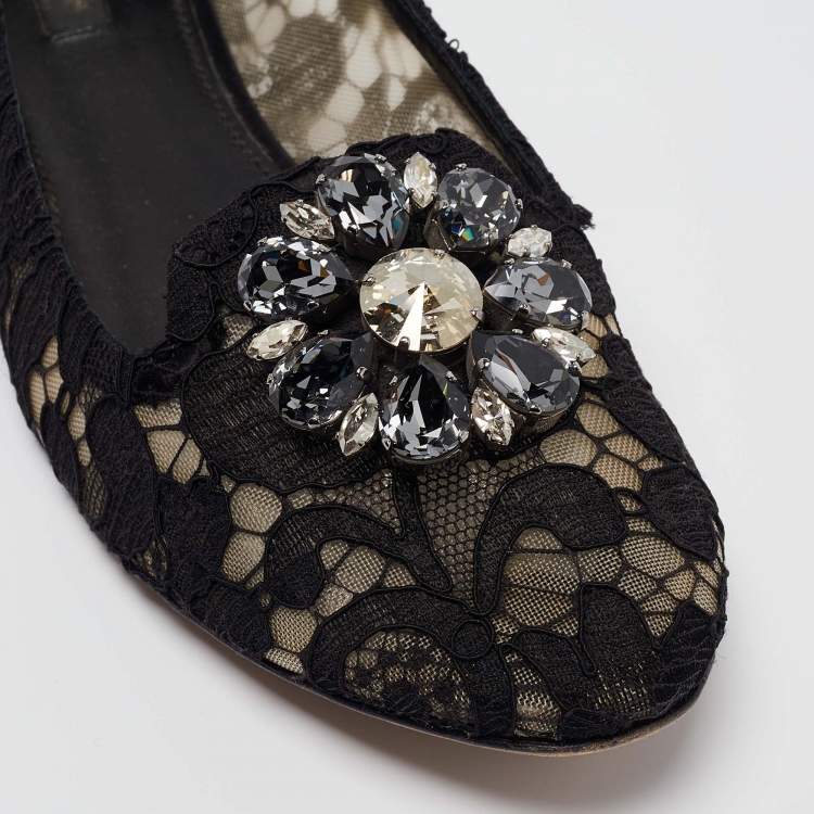 Pre Owned Dolce & Gabbana Black Lace Crystal Embellished Taormina Ballet Flats Size 40