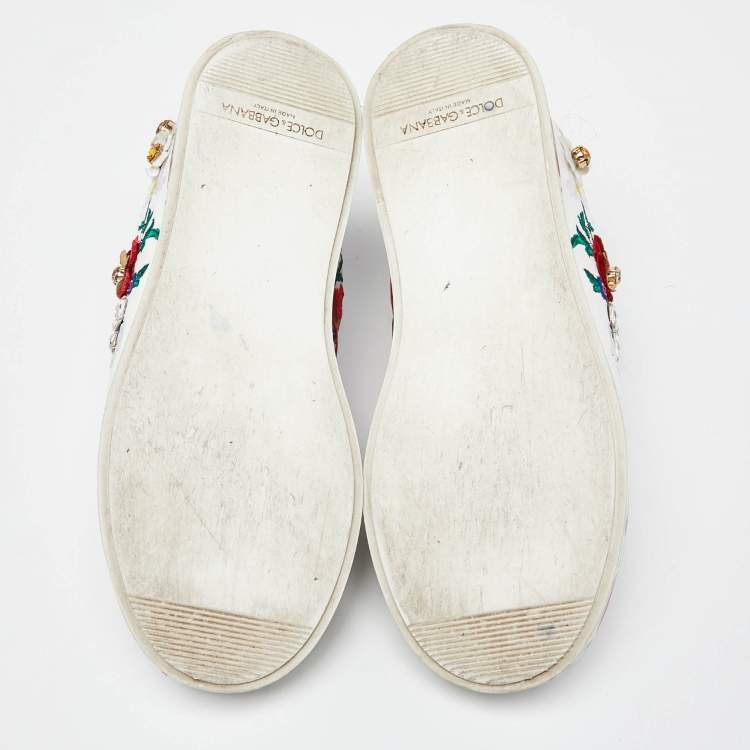 Pre Owned Dolce & Gabbana White Leather Flower Applique and Studded Portofino Sneakers Size 38