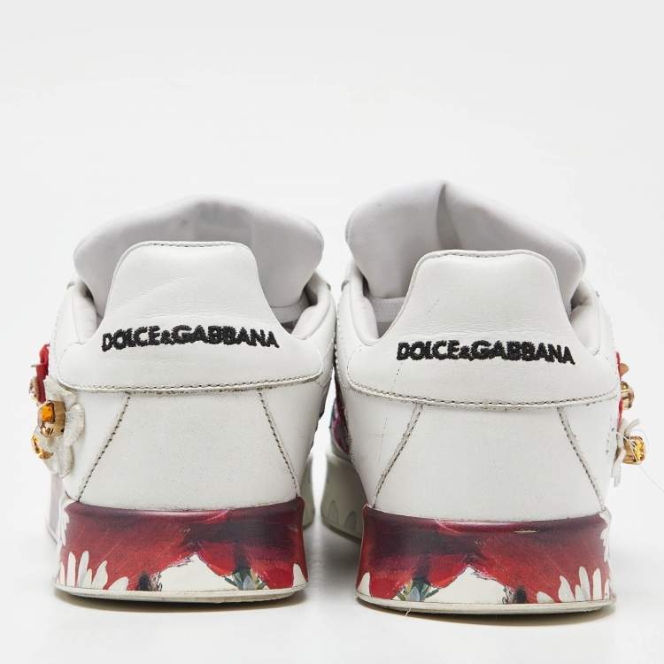 Pre Owned Dolce & Gabbana White Leather Flower Applique and Studded Portofino Sneakers Size 38