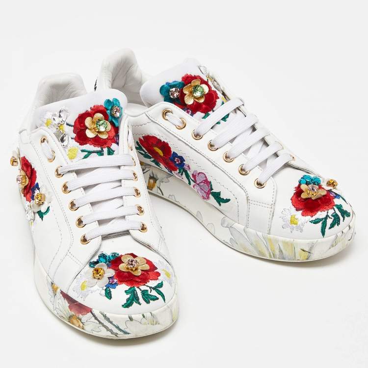Pre Owned Dolce & Gabbana White Leather Flower Applique and Studded Portofino Sneakers Size 38