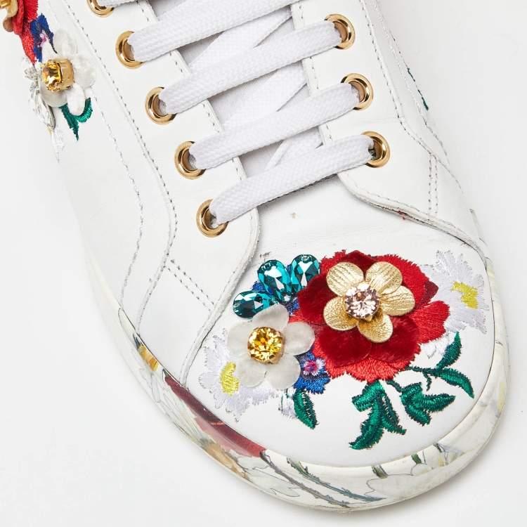 Pre Owned Dolce & Gabbana White Leather Flower Applique and Studded Portofino Sneakers Size 38