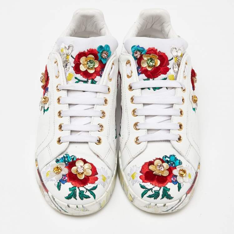 Pre Owned Dolce & Gabbana White Leather Flower Applique and Studded Portofino Sneakers Size 38