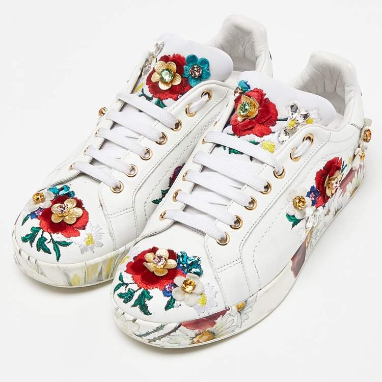 Pre Owned Dolce & Gabbana White Leather Flower Applique and Studded Portofino Sneakers Size 38