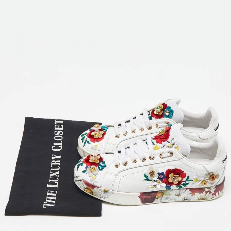 Pre Owned Dolce & Gabbana White Leather Flower Applique and Studded Portofino Sneakers Size 38