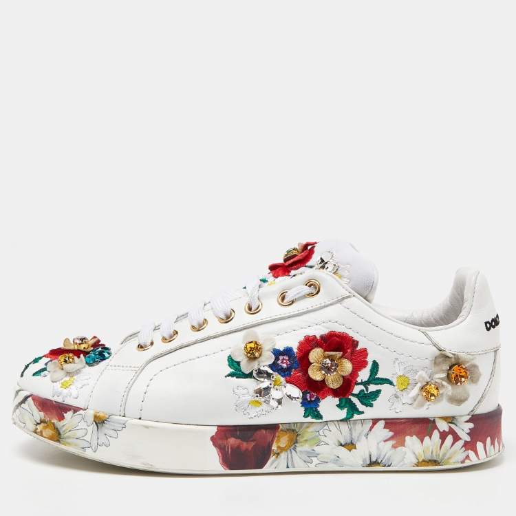 Pre Owned Dolce & Gabbana White Leather Flower Applique and Studded Portofino Sneakers Size 38
