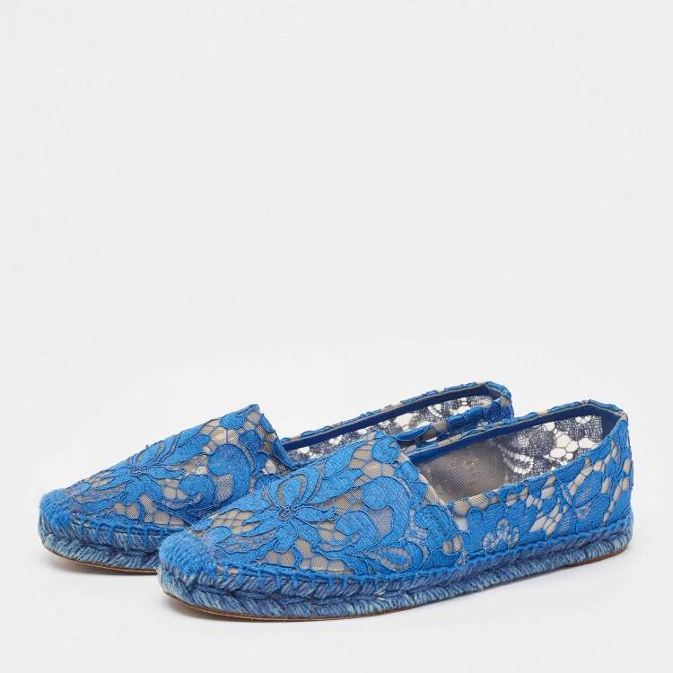 Pre Owned Dolce & Gabbana Blue Lace and Mesh Espadrille Flats Size 38