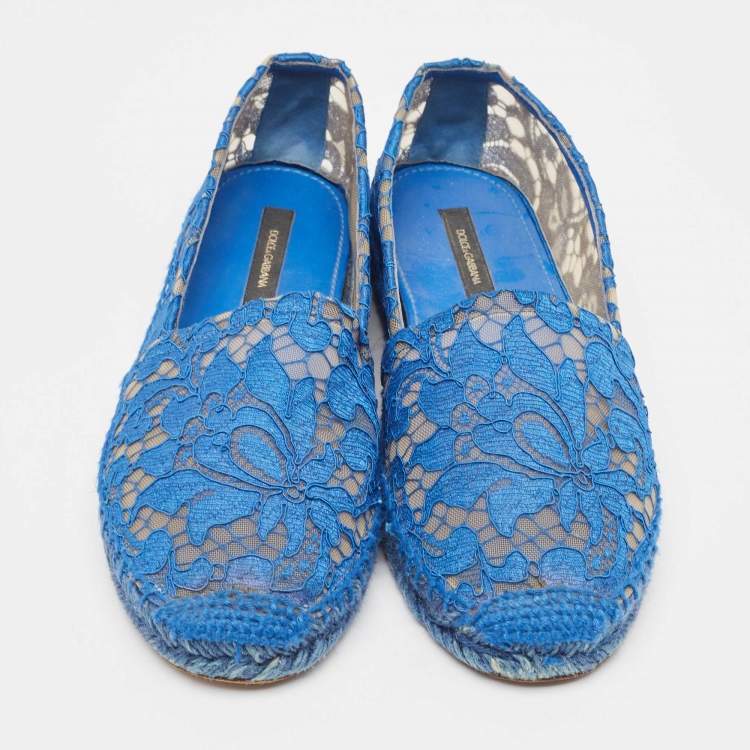 Pre Owned Dolce & Gabbana Blue Lace and Mesh Espadrille Flats Size 38