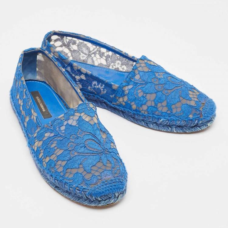 Pre Owned Dolce & Gabbana Blue Lace and Mesh Espadrille Flats Size 38