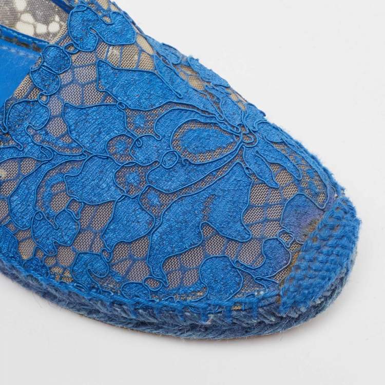 Pre Owned Dolce & Gabbana Blue Lace and Mesh Espadrille Flats Size 38