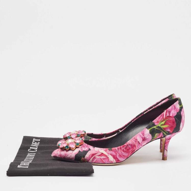 Pre Owned Dolce & Gabbana Pink Floral Canvas Crystal Embellished Bellucci Pumps Size 39
