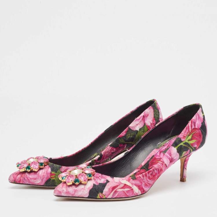 Pre Owned Dolce & Gabbana Pink Floral Canvas Crystal Embellished Bellucci Pumps Size 39