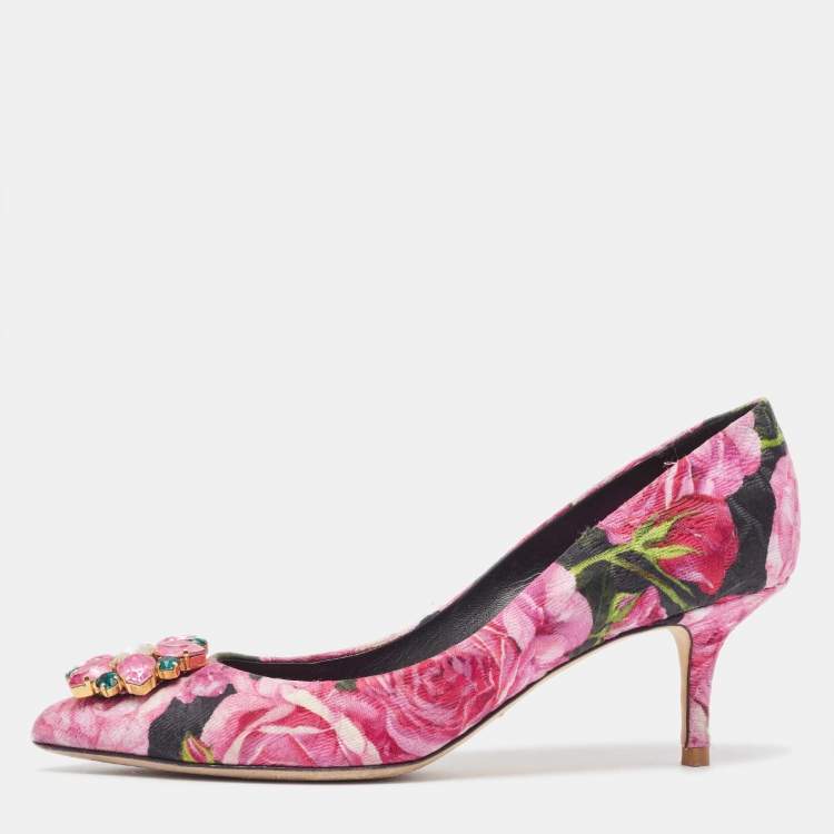 Pre Owned Dolce & Gabbana Pink Floral Canvas Crystal Embellished Bellucci Pumps Size 39