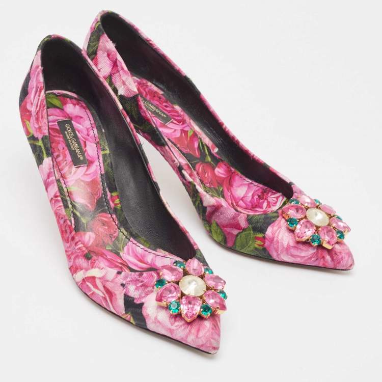 Pre Owned Dolce & Gabbana Pink Floral Canvas Crystal Embellished Bellucci Pumps Size 39