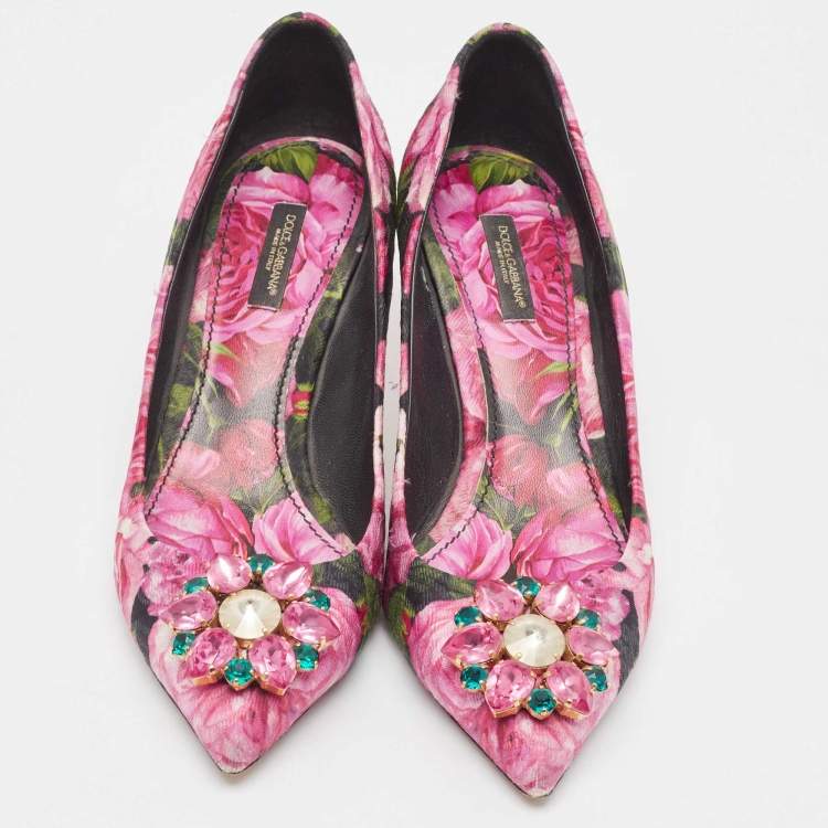 Pre Owned Dolce & Gabbana Pink Floral Canvas Crystal Embellished Bellucci Pumps Size 39