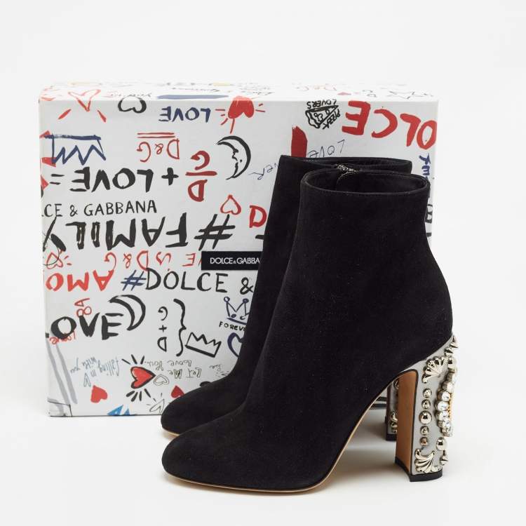 Pre Owned Dolce & Gabbana Black Suede Crystal Embellished Clock Heel Ankle Boots Size 38