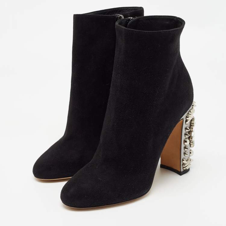 Pre Owned Dolce & Gabbana Black Suede Crystal Embellished Clock Heel Ankle Boots Size 38