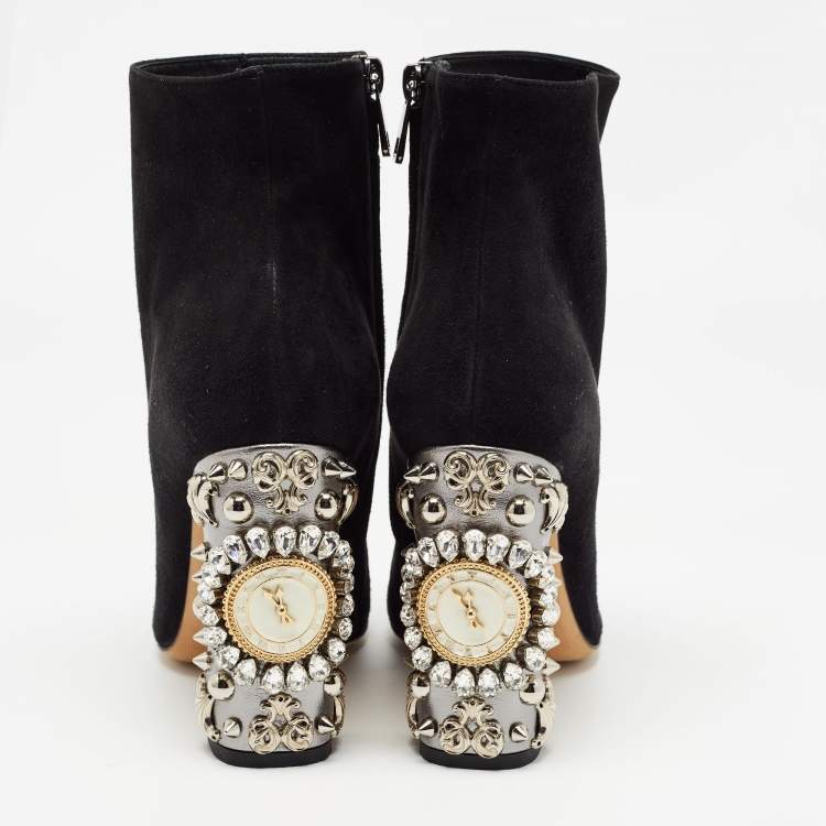 Pre Owned Dolce & Gabbana Black Suede Crystal Embellished Clock Heel Ankle Boots Size 38