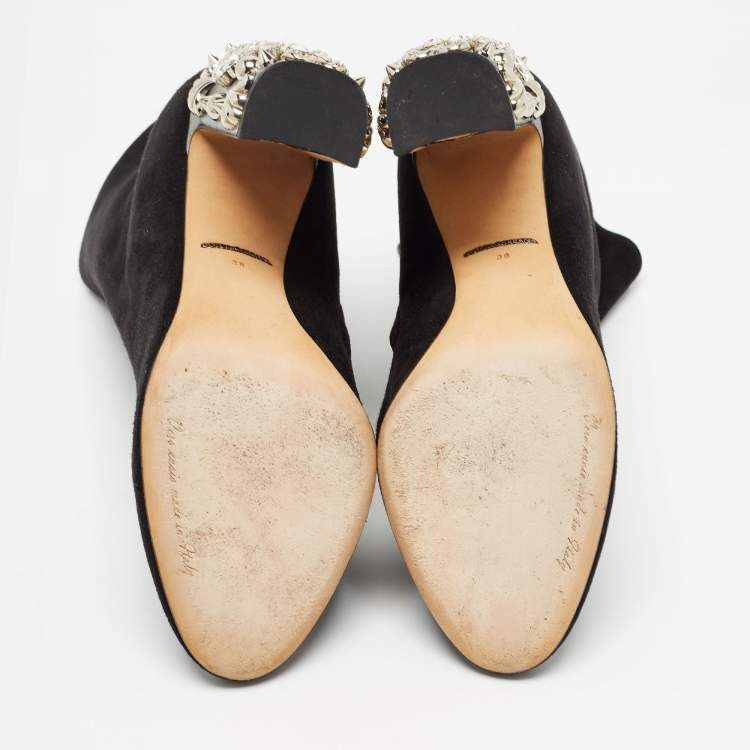 Pre Owned Dolce & Gabbana Black Suede Crystal Embellished Clock Heel Ankle Boots Size 38