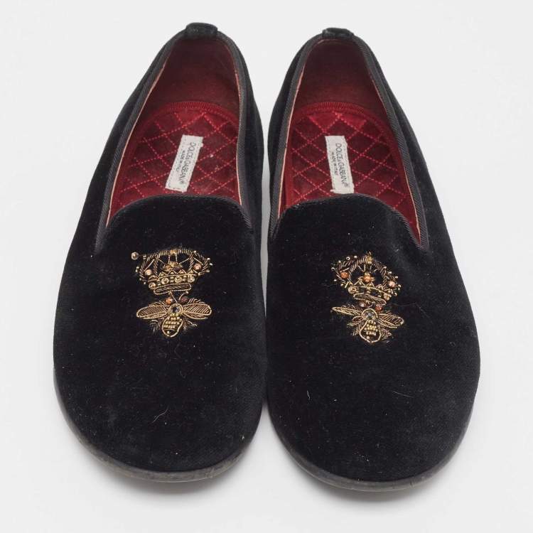 Pre Owned Dolce & Gabbana Black Velvet Embroidered Smoking Slippers Size 36