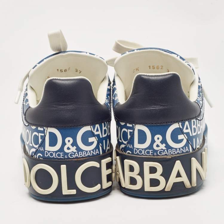 Pre Owned Dolce & Gabbana Blue Leather Logo Print Portofino Sneakers Size 37