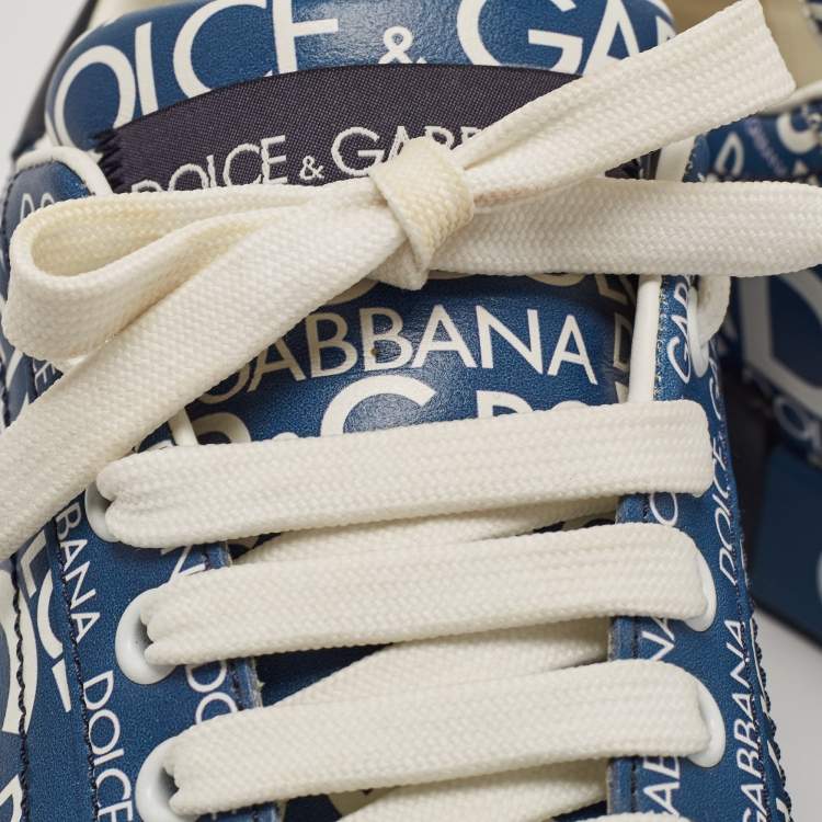 Pre Owned Dolce & Gabbana Blue Leather Logo Print Portofino Sneakers Size 37