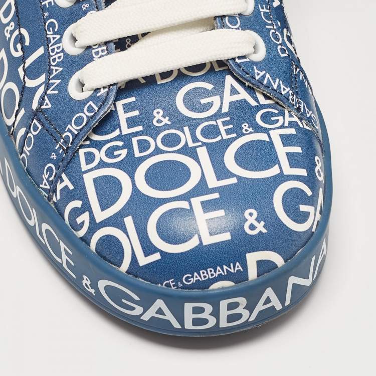 Pre Owned Dolce & Gabbana Blue Leather Logo Print Portofino Sneakers Size 37