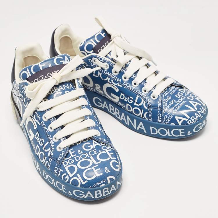 Pre Owned Dolce & Gabbana Blue Leather Logo Print Portofino Sneakers Size 37