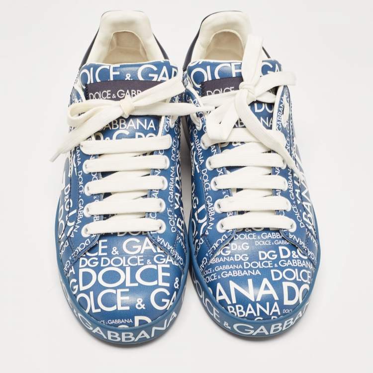 Pre Owned Dolce & Gabbana Blue Leather Logo Print Portofino Sneakers Size 37