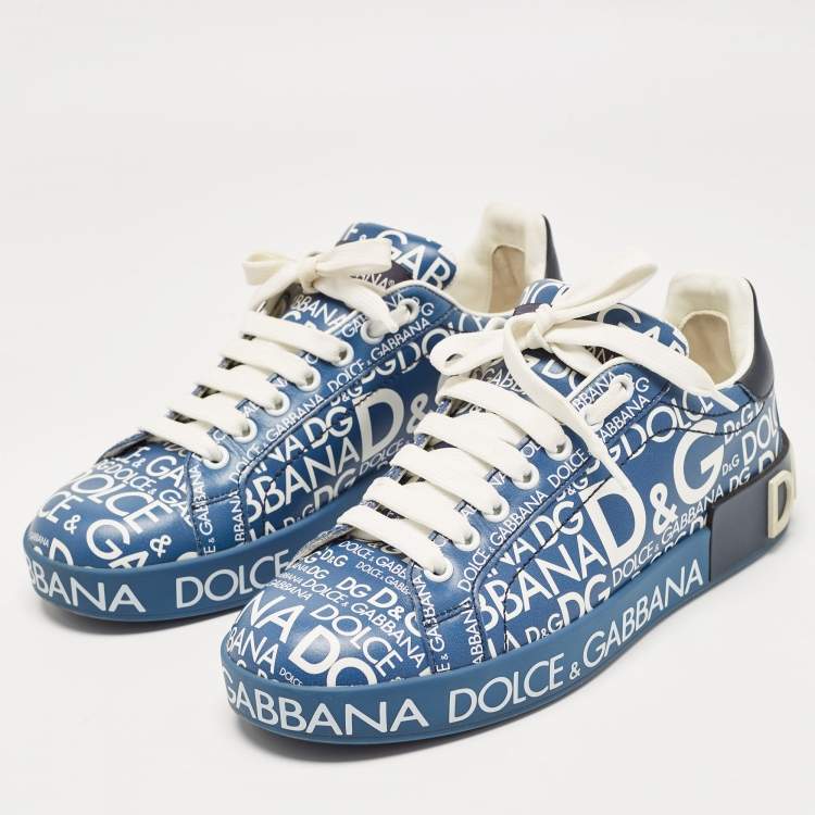 Pre Owned Dolce & Gabbana Blue Leather Logo Print Portofino Sneakers Size 37