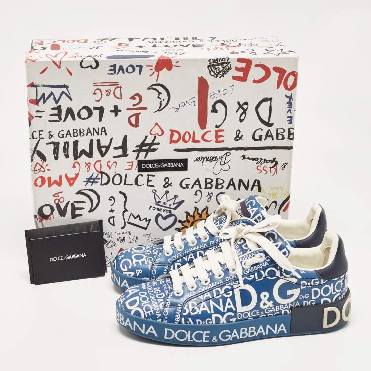 Pre Owned Dolce & Gabbana Blue Leather Logo Print Portofino Sneakers Size 37
