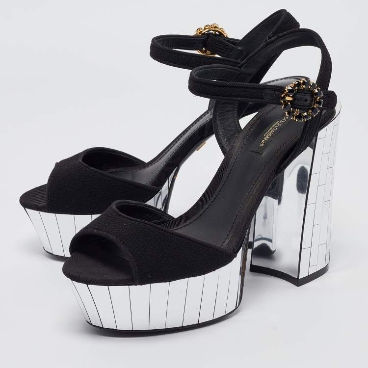 مملوكة مسبقًا Dolce & Gabbana Black Fabric Mirror Belluci Platform Sandals Size 38.5