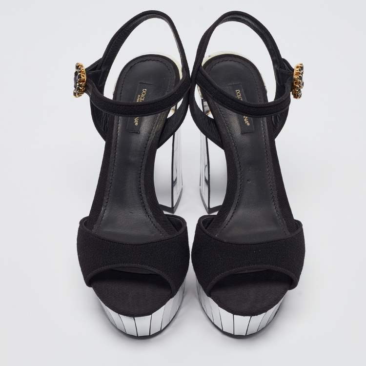 مملوكة مسبقًا Dolce & Gabbana Black Fabric Mirror Belluci Platform Sandals Size 38.5