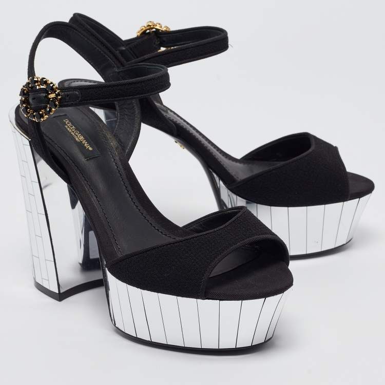 مملوكة مسبقًا Dolce & Gabbana Black Fabric Mirror Belluci Platform Sandals Size 38.5