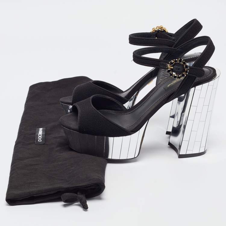 مملوكة مسبقًا Dolce & Gabbana Black Fabric Mirror Belluci Platform Sandals Size 38.5
