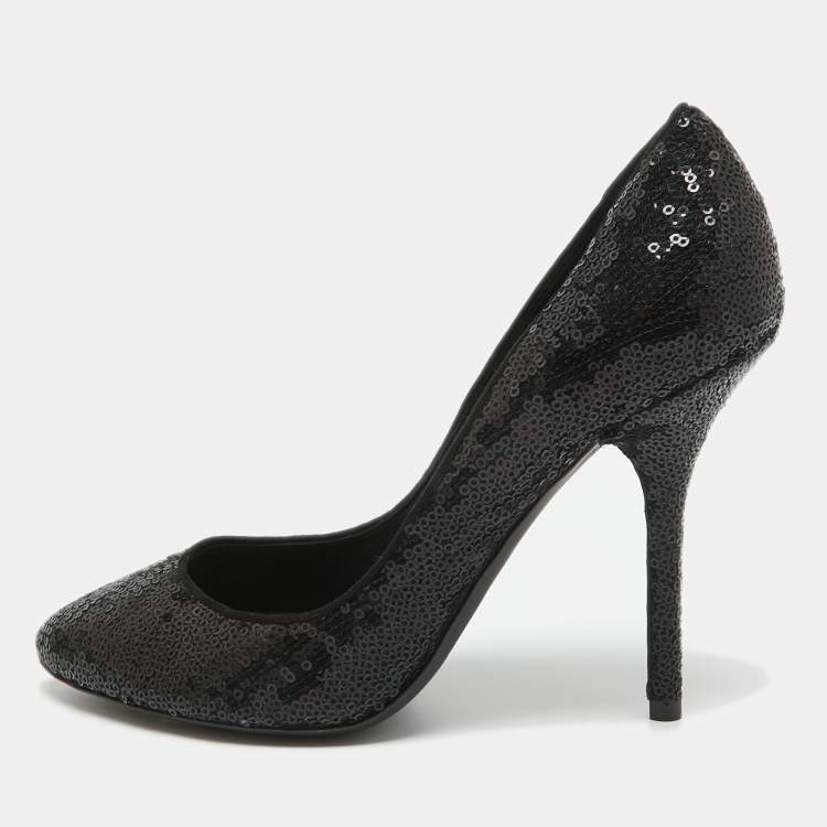 Pre Owned Dolce & Gabbana Black Sequins Almond Toe Pumps Size 38
