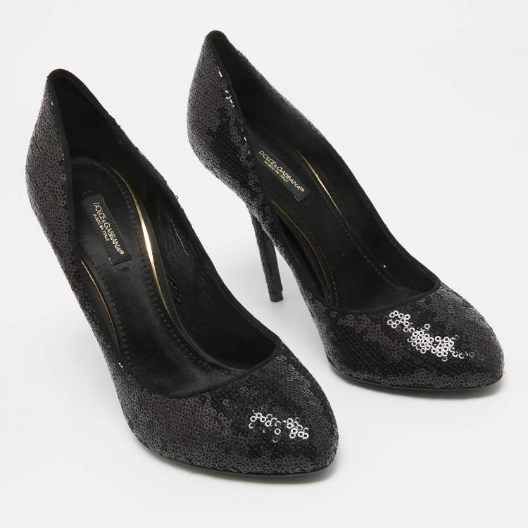 Pre Owned Dolce & Gabbana Black Sequins Almond Toe Pumps Size 38