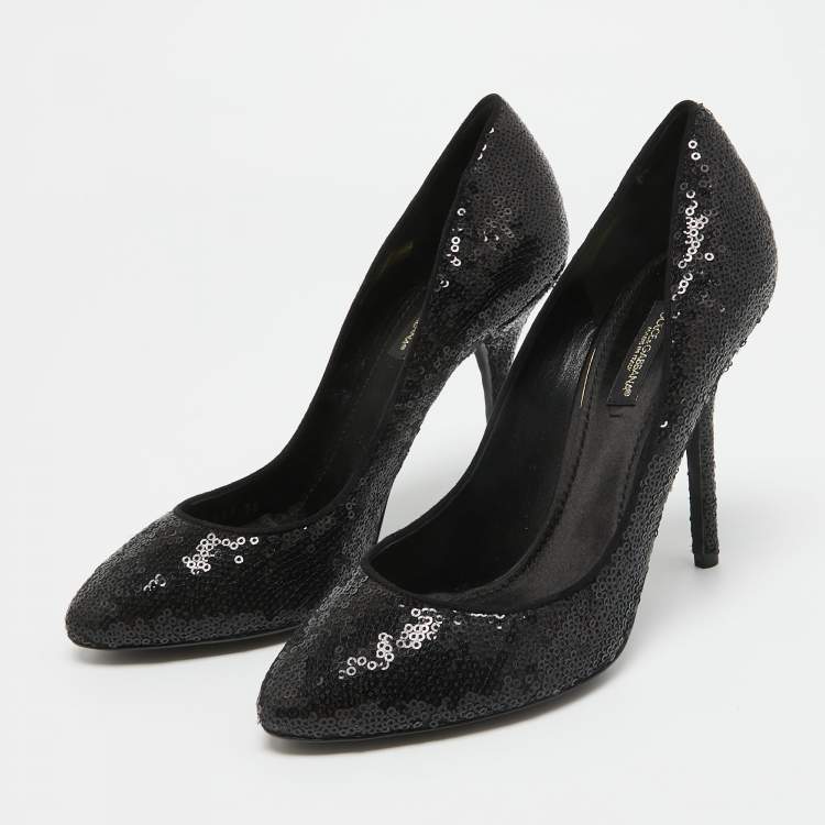 Pre Owned Dolce & Gabbana Black Sequins Almond Toe Pumps Size 38