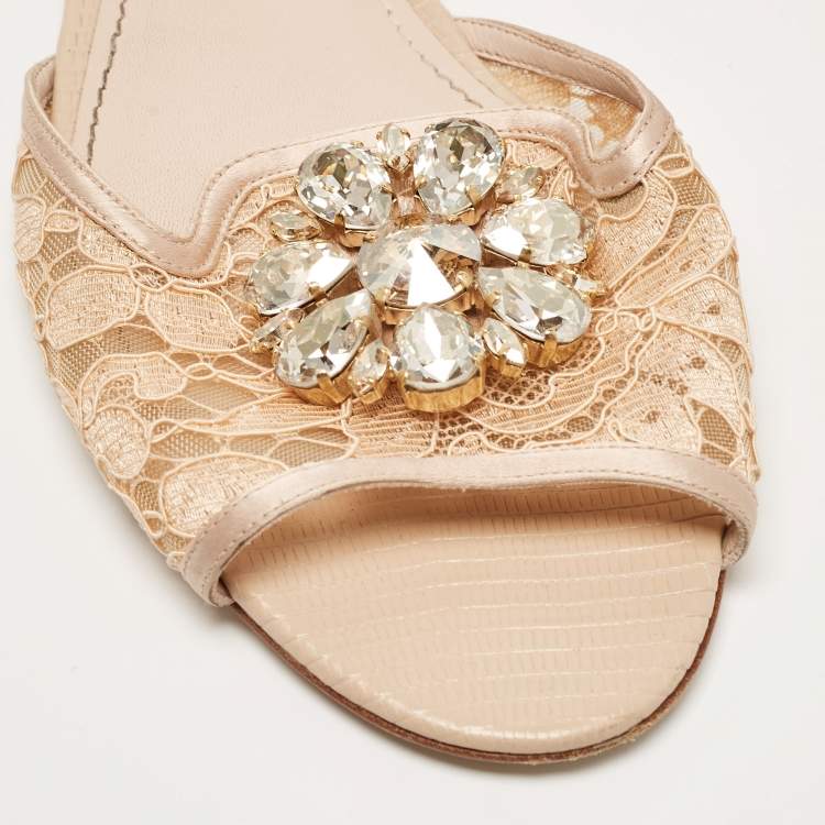 Pre Owned Dolce & Gabbana Beige Lace and Mesh Crystal Embellished Flat Slides Size 41
