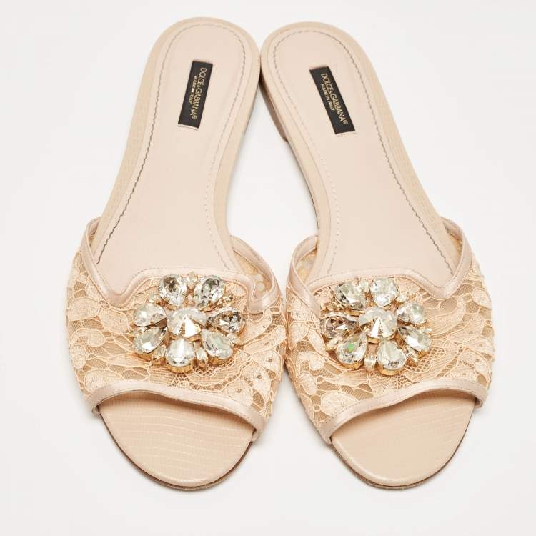 Pre Owned Dolce & Gabbana Beige Lace and Mesh Crystal Embellished Flat Slides Size 41