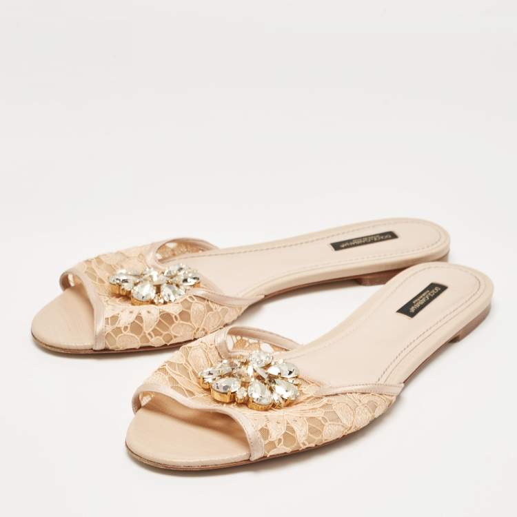 Pre Owned Dolce & Gabbana Beige Lace and Mesh Crystal Embellished Flat Slides Size 41