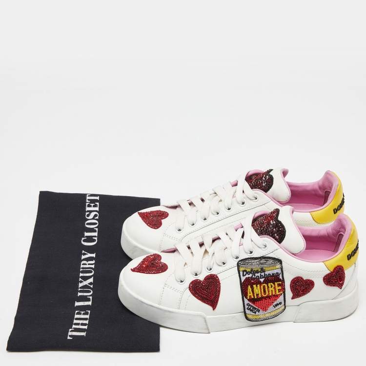 Pre Owned Dolce & Gabbana White/Red Leather Amore Heart Embroidered Low Top Sneakers Size 38.5
