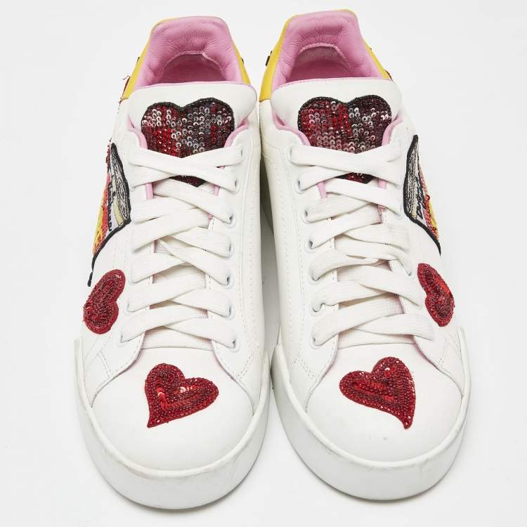 Pre Owned Dolce & Gabbana White/Red Leather Amore Heart Embroidered Low Top Sneakers Size 38.5
