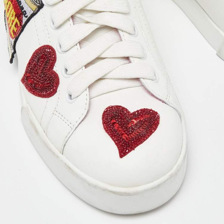 Pre Owned Dolce & Gabbana White/Red Leather Amore Heart Embroidered Low Top Sneakers Size 38.5