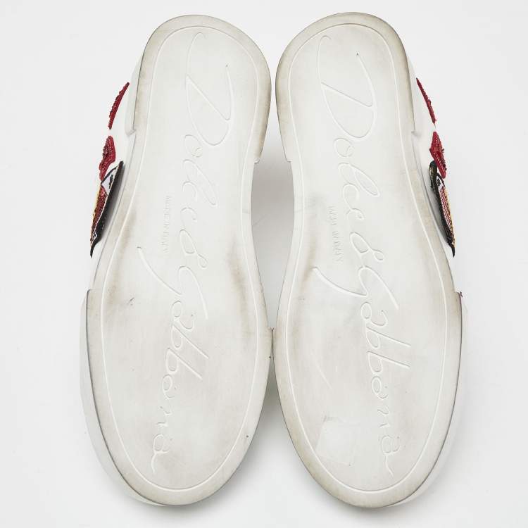 Pre Owned Dolce & Gabbana White/Red Leather Amore Heart Embroidered Low Top Sneakers Size 38.5