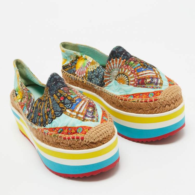 Pre Owned Dolce & Gabbana Multicolor Print Jacquard Platform Espadrilles Size 37